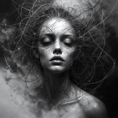 The primary subject of the image is a woman with long hair, who is looking downward. She is surrounded by a dark, moody atmosphere, which is emphasized by the black and white color scheme. The setting appears to be a nighttime scene, with the woman's hair and the background creating a sense of mystery and intrigue. The visual style of the image is a combination of digital art and illustration, with the woman's hair and the background being rendered in a detailed and artistic manner.